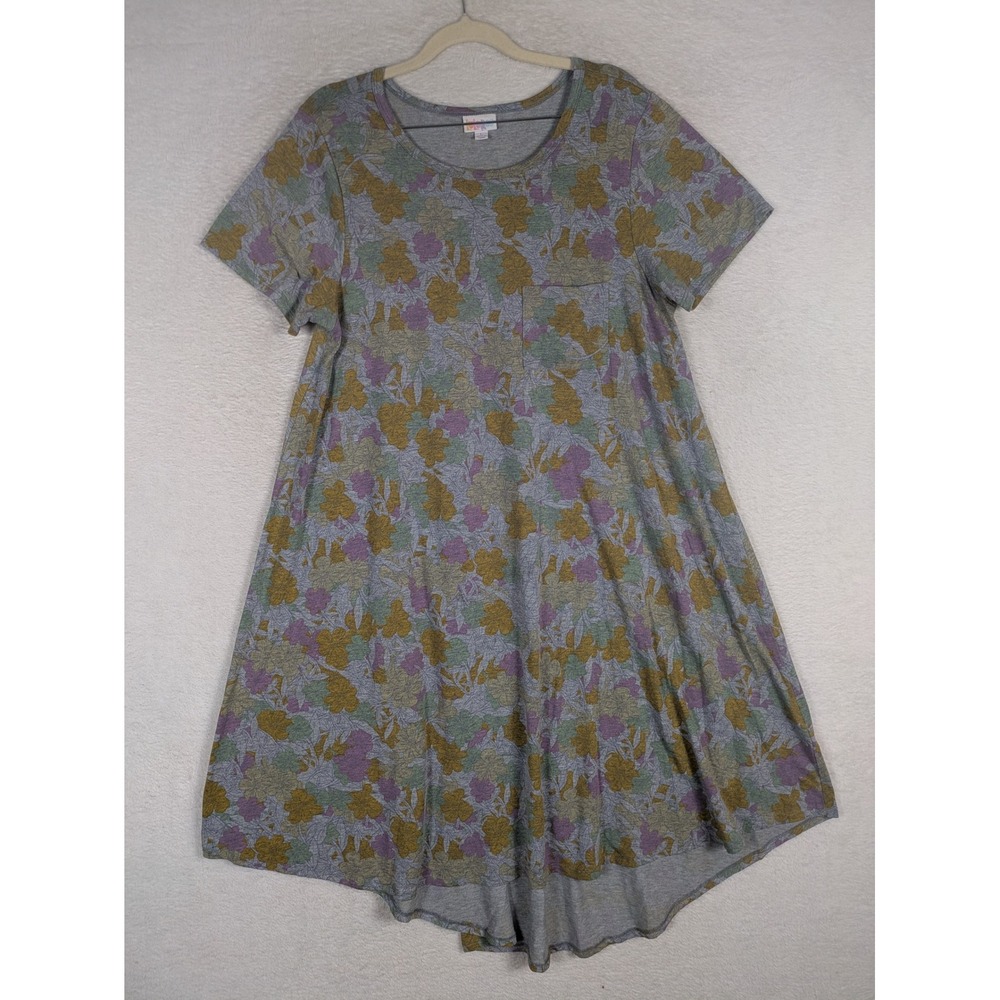 LuLaRoe Carly Dress Women's Large Gray Floral High Low Short Sleeve Pocket